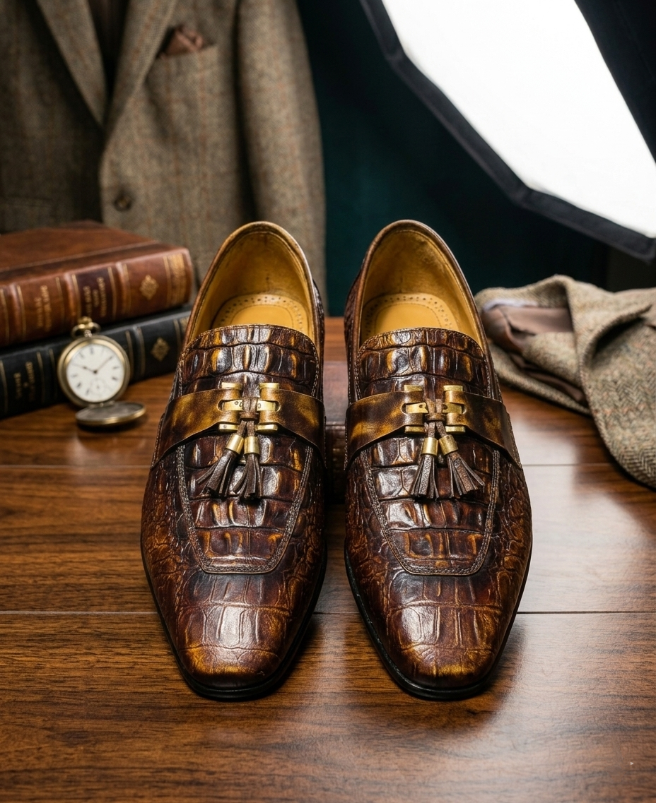 Men’s Brown Pure Leather Tassel Loafers – Luxury Crocodile Texture Formal Slip-On Shoes