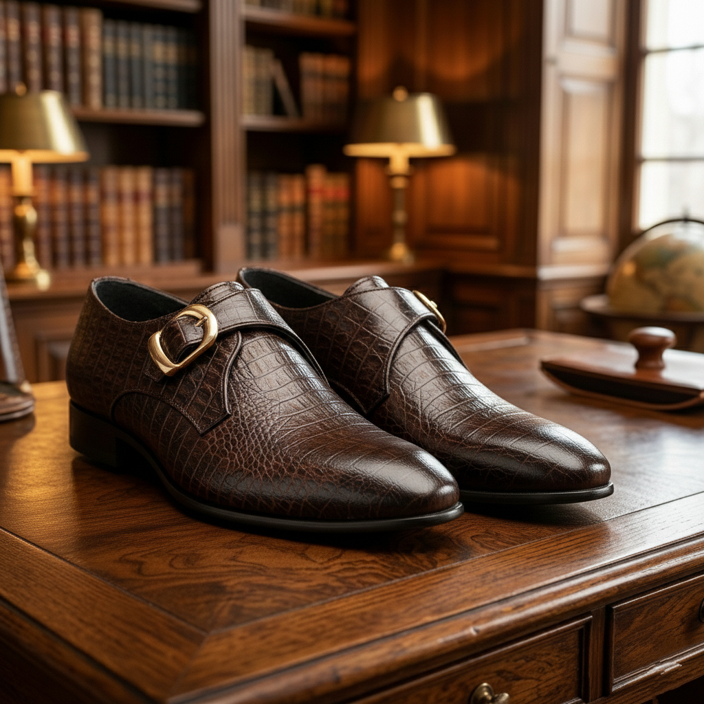 Men’s Brown Pure Leather Monk Strap Shoes – Luxury Crocodile Texture Formal Dress Shoes