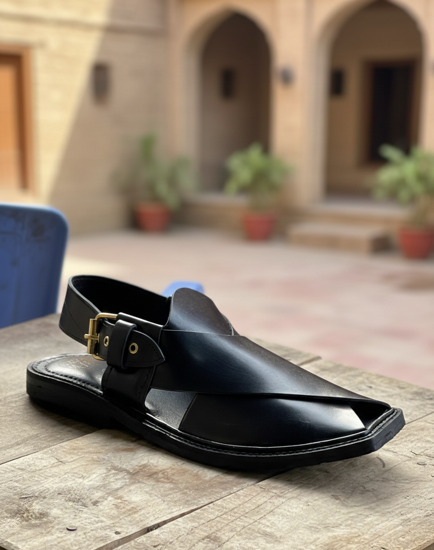 Men’s Black Peshawari Chappal – Premium Leather Traditional Handmade Sandals