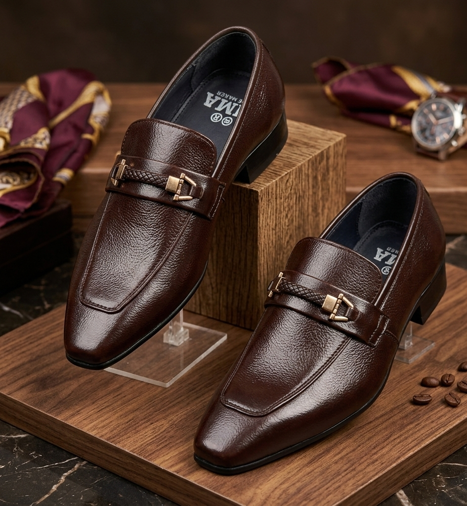 Men’s Brown Plain Leather Loafers – Classic Slip-On Formal Shoes for Business & Casual Wear