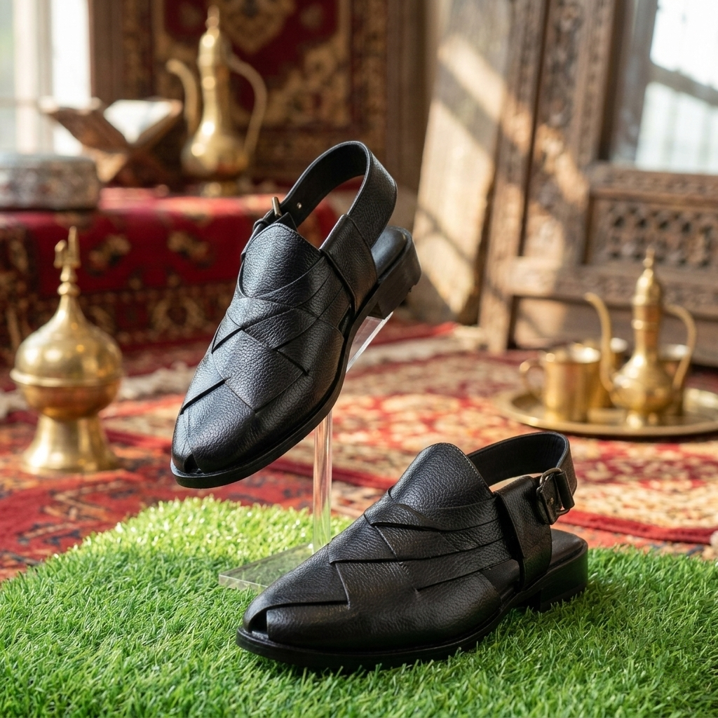 Black Leather Peshawari Sandals for Men – Premium Handcrafted Traditional Chappal with Adjustable Strap