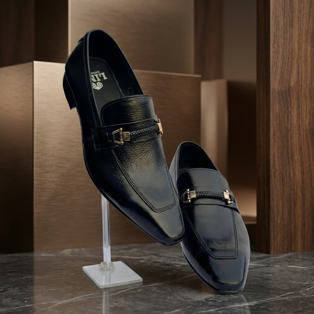 Men’s Black Plain Leather Loafers – Classic Slip-On Formal Shoes for Business & Casual Wear