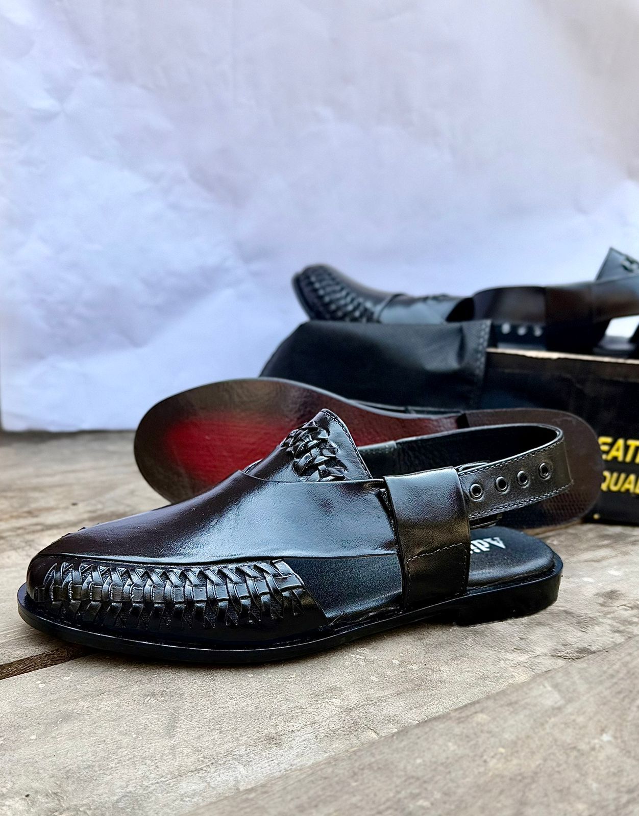 Black Braided Crown Peshawari Sandals for Men – Handcrafted Traditional Chappal with Buckle Strap