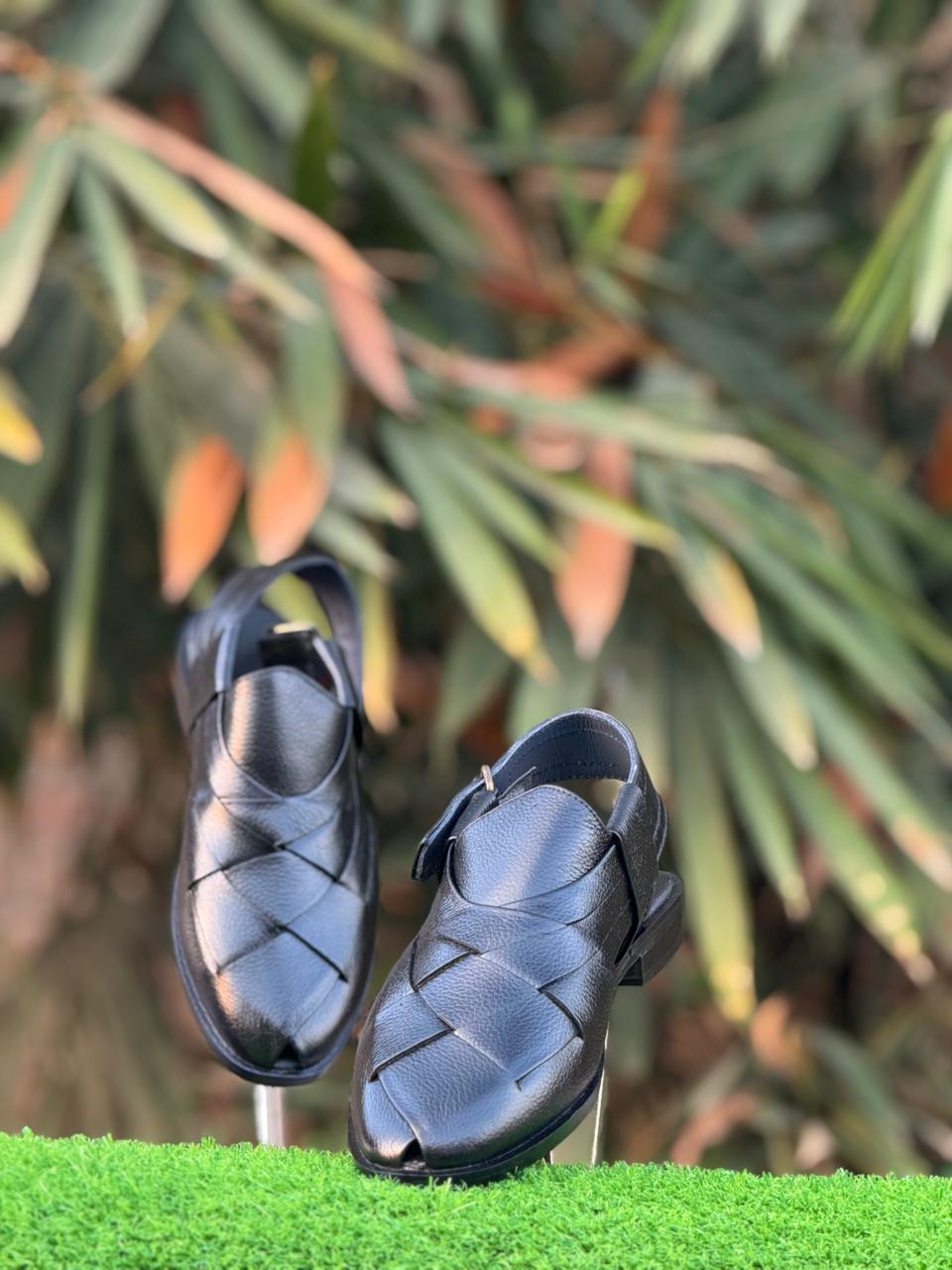 Black Leather Peshawari Sandals for Men – Premium Handcrafted Traditional Chappal with Adjustable Strap