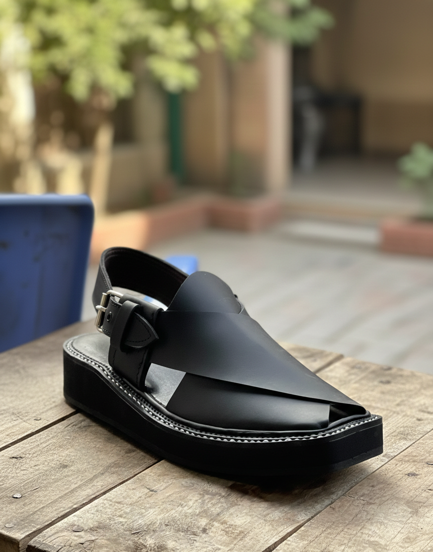 Men’s Matte High Sole Black Peshawari Chappal – Premium Leather Traditional Handmade Sandals