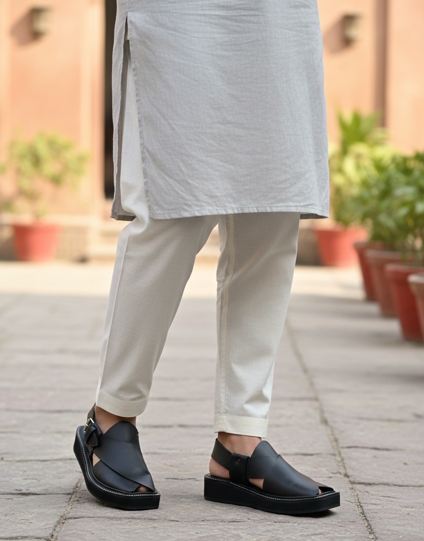 Men’s Matte High Sole Black Peshawari Chappal – Premium Leather Traditional Handmade Sandals