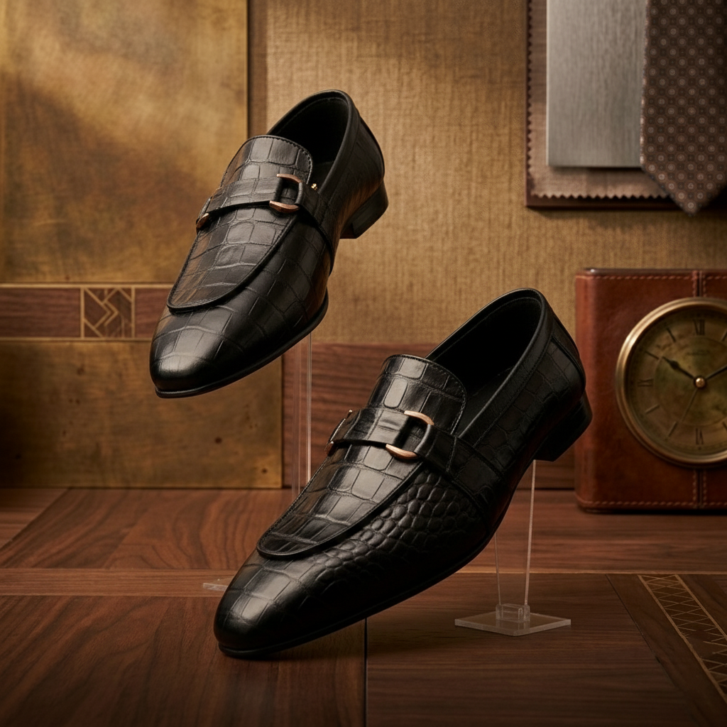 Men’s Black Textured Leather Loafers – Luxury Crocodile Pattern Formal Slip-On Shoes